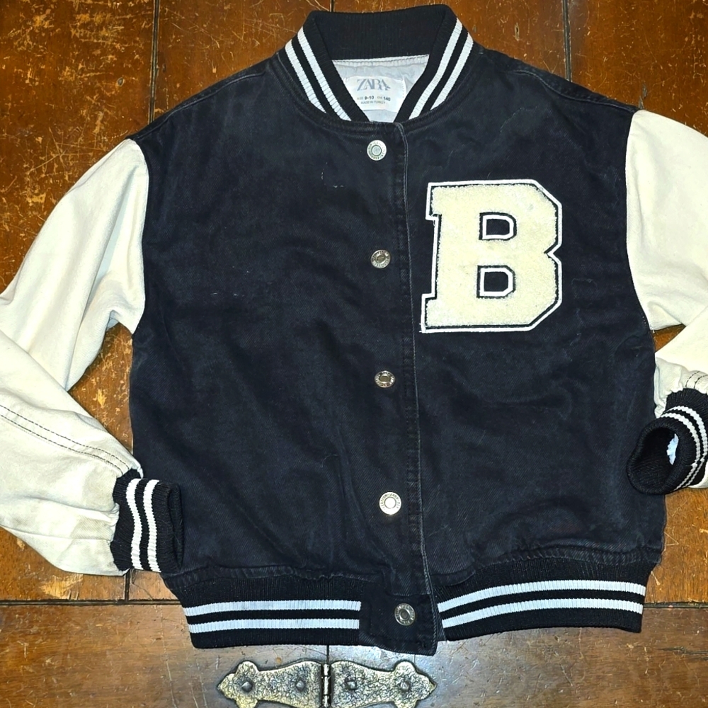 ZARA Varsity Bomber Letterman Jacket Girls 9-10 Black Denim